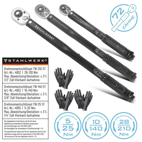 STAHLWERK Momentnøglesæt med tre 1/4", 3/8" & 1/2" op til 210 NM vendbar skralde | skraldenøgle | skraldenøgle med mikrometerskala