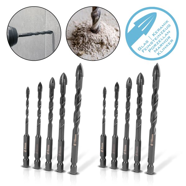 STAHLWERK Lasiporanterät | kaakeliporanterät | keraamiset poranterät sarja 10 kpl 4 | 5 | 6 | 8 | 10 mm 1/4 tuuman kuusikulmaisella hylsyllä reikien poraamiseen lasiin, kaakeleihin, keramiikkaan,