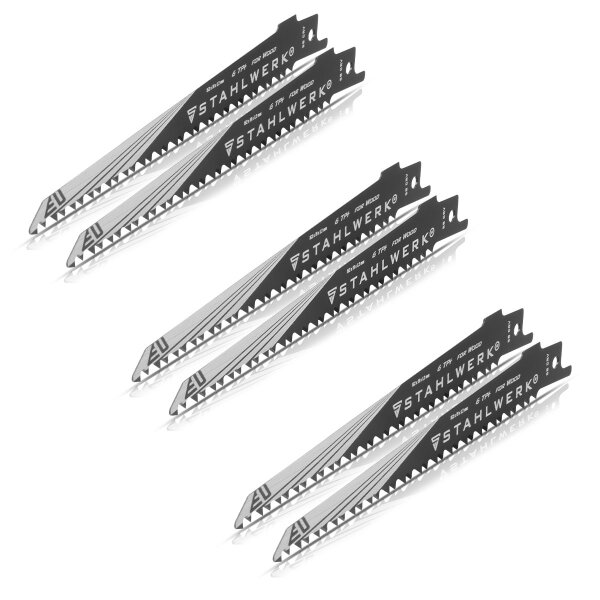 STAHLWERK Lames de scie à bois, jeu de 6, 150 x 19 x 1,2 mm Lames de scie sabre Long Life | Lames de scie réversible avec logement 1/2 pouce et 6 TPI pour scies sabres | Scies réversibles | Scies