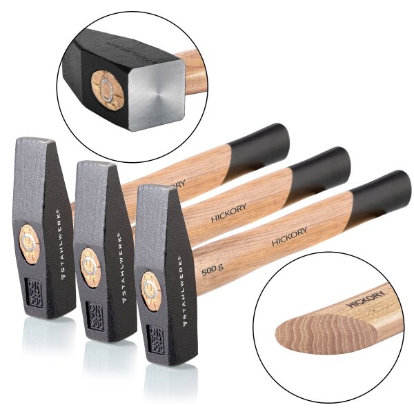 STAHLWERK 3 x High-quality hammer/locksmiths hammer 500g with robust forged steel head. Well-balanced weight, ergonomic handle made of heavy-duty, break-resistant and durable hickory wood