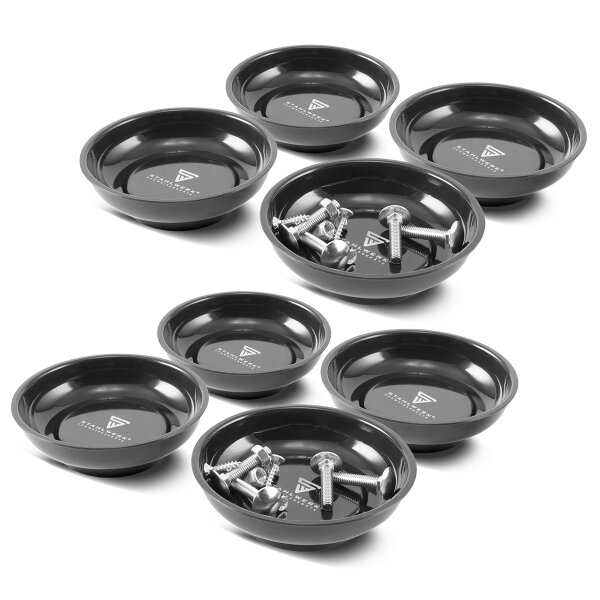 STAHLWERK Magnetic tray 4 inch made of plastic with strong magnetic base for storing screws, tools and small parts with rubberized base, set of 8. Versatile use, for example in workshops, in the DIY