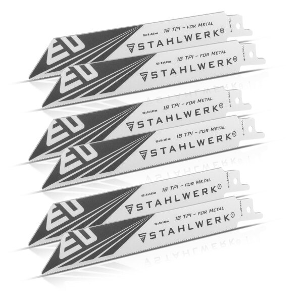 STAHLWERK Lames de scie à métaux, jeu de 6, 150 x 19 x 0,92 mm Lames de scie sabre Long Life | Lames de scie réversible avec logement 1/2 pouce et 18 TPI pour scies sabres | Scies réversibles | Scies