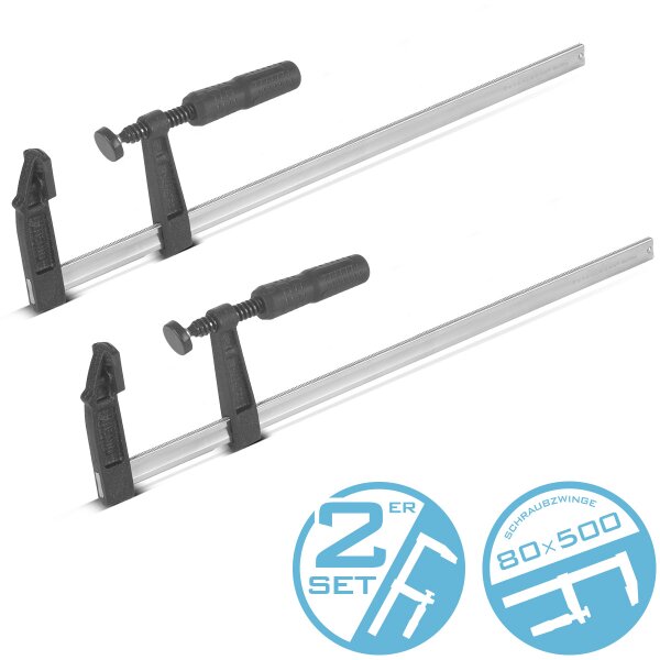 STAHLWERK skruvtving 80x500 mm set om 2 st | kraftig skruvtving av stål och plast | F-tving för fixering av arbetsstycken | stabil skruvtving med spännbredd 500 mm, spänndjup 80 mm