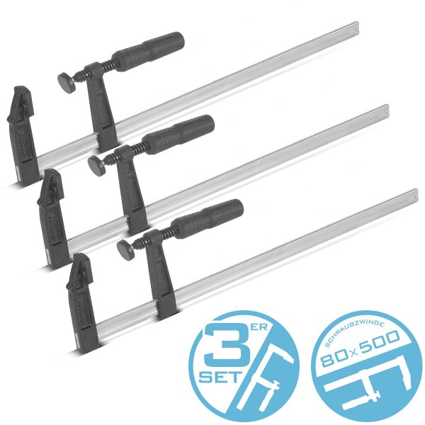 STAHLWERK 3 x skruvklämma 80x500 mm | kraftig klämma av stål och plast | F-klämma för fixering av arbetsstycken | stabil klämma med klämbredd 500 mm, klämdjup 80 mm