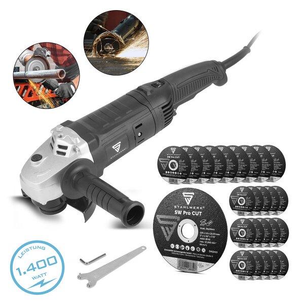 Úhlová bruska STAHLWERK WS-1600 ST se sadou 25 řezných kotoučů SW Pro CUT 125 mm, řezací pila, řezací bruska s příkonem 1600 W a 3000 - 8500 ot.
