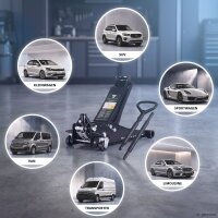 STAHLWERK car jack WHB-73 ST with 3 t load capacity, rubberized silent rollers, double lifting piston and 73-500 mm lifting range | Extra flat shunting jack | Hydraulic car jack | Black car jack