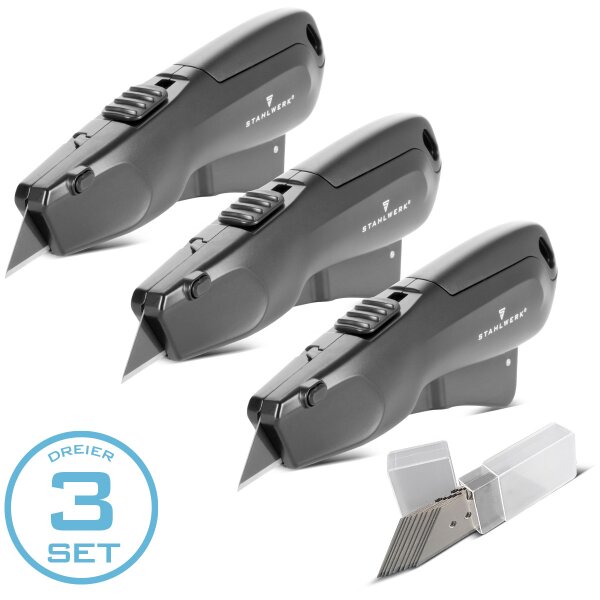 STAHLWERK cuchillo de corte UCM-19 ST juego de 3 incl. 10 cuchillas de cambio rápido | cuchillo de seguridad con retracción automática de la cuchilla y bloqueo de seguridad | cuchillo para alfombras | cuchillo para paquetes | cuchillo para cartón | cutter