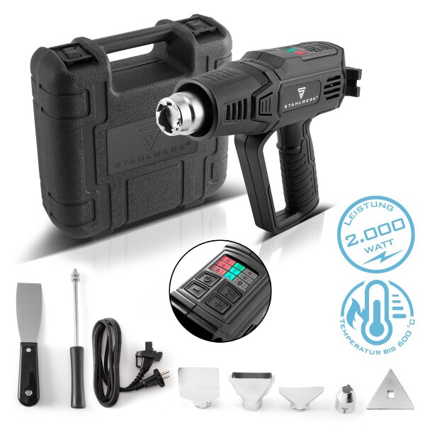 STAHLWERK HP-2000 PRO 2.000 watt varmepistol og varmluftspistol op til 600 grader med LED-display og digital styring | Varmluftspistol til svejsning, lodning, krympning