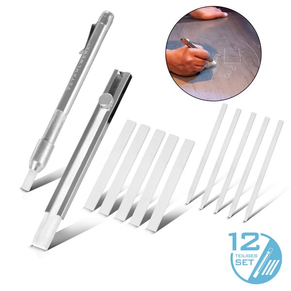 STAHLWERK Set med 12 st svetskritor, krithållare platt och rund av aluminium, täljstenspennor för påfyllning med 10 st täljstenskritor för märkning på stål, rostfritt stål, aluminium