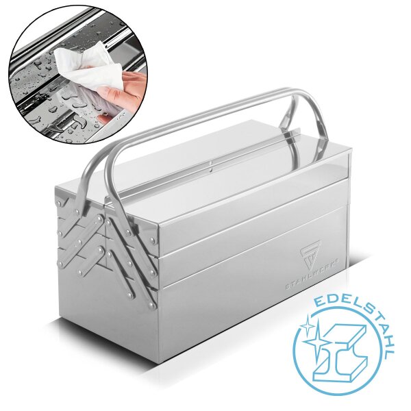 STAHLWERK Ruostumattomasta teräksestä valmistettu työkalulaatikko | metallinen työkalulaatikko, ulosvedettävät sivut | laadukas työkalulaatikko tyhjänä, 5 lokeroa | tilaa säästävä työkalujen