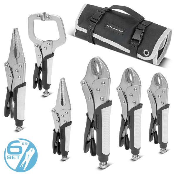 STAHLWERK Gribetangssæt med 6 dele, justerbart spændeområde | gribetang med lang kæbe 165/241 mm | gribetang med buede kæber 127/178/254 mm | C-klemme 152 mm | ergonomiske TPR-håndtag | sammenrullelig