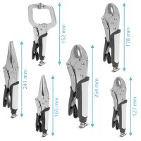 STAHLWERK Gribetangssæt med 6 dele, justerbart spændeområde | gribetang med lang kæbe 165/241 mm | gribetang med buede kæber 127/178/254 mm | C-klemme 152 mm | ergonomiske TPR-håndtag | sammenrullelig