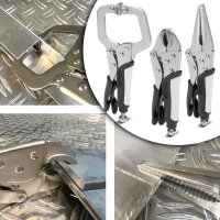 STAHLWERK Gribetangssæt med 6 dele, justerbart spændeområde | gribetang med lang kæbe 165/241 mm | gribetang med buede kæber 127/178/254 mm | C-klemme 152 mm | ergonomiske TPR-håndtag | sammenrullelig