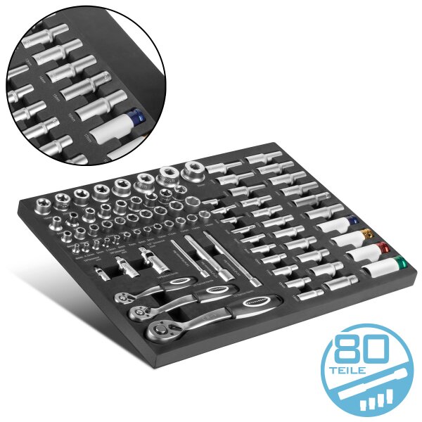 STAHLWERK Professionell hylsnyckelsats med 80 delar i verkstadsvagnsinsats | CrV-verktyg av hög kvalitet | Verktygsvagnsinsats | Perfekt organisation | Spärr- och spärrnyckelsats | 1/4", 3/8", 1/2"