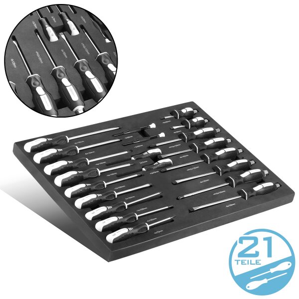 STAHLWERK Skruetrækkersæt med 21 dele PH og SL i skumindsats |Inlæg til værkstedsvogn | Værktøj af høj kvalitet i indsats til værktøjsvogn |Perfekt organisering på værkstedet