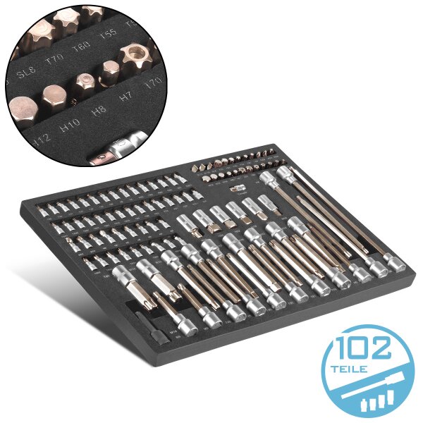 STAHLWERK Professionelt topnøglesæt med 102 dele i værkstedsvognindsats | CrV-værktøj i høj kvalitet | Værktøjsvognindsats | Perfekt organisering | Bit- og topnøglesæt til vendbare skraldenøgler