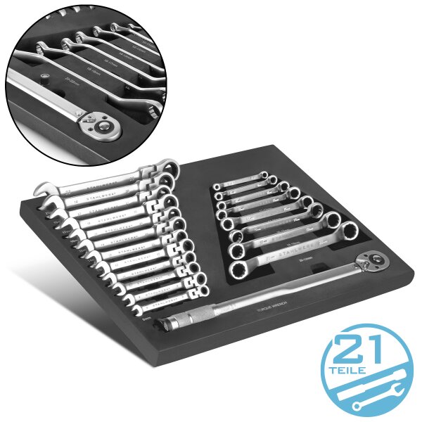 STAHLWERK Nøglesæt med 21 dele og skumindsats | Til værkstedsvogn | Moment- og ringnøglesæt | Inklusive skråtstillet gaffelnøgle | Indsats til værktøjsvogn