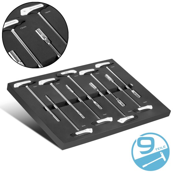 STAHLWERK 9-delt topnøglesæt med T-greb og skumindsats til værkstedsvogn | Højkvalitetsværktøj i indsats til værktøjsvogn | Høj vridningsbelastning | Alle standardstørrelser