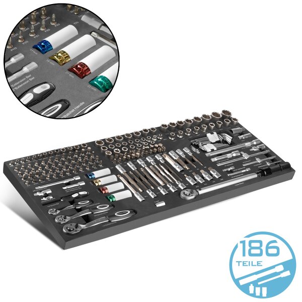 186-częściowy zestaw kluczy nasadowych i bitów STAHLWERK we wkładce do wózka warsztatowego | Wysokiej jakości narzędzie CrV | Grzechotka 3/8", 1/2" i 1/4", zestaw kluczy nasadowych i bitów | Z kluczem dynamometrycznym 20-210 Nm