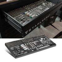 186-częściowy zestaw kluczy nasadowych i bitów STAHLWERK we wkładce do wózka warsztatowego | Wysokiej jakości narzędzie CrV | Grzechotka 3/8", 1/2" i 1/4", zestaw kluczy nasadowych i bitów | Z kluczem dynamometrycznym 20-210 Nm