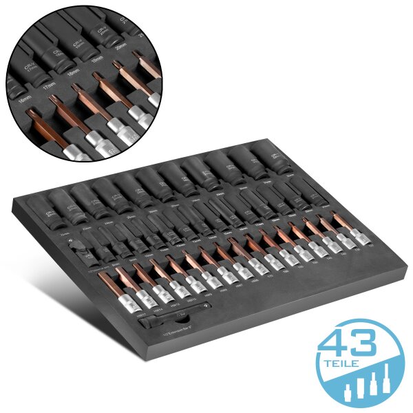 STAHLWERK Topnøglesæt med 43 dele i skumindsats til værkstedsvogn | Højkvalitets sekskantnøgle indvendigt og udvendigt med 1/2" topstykke | Høj vridningsbelastning | Alle almindelige størrelser