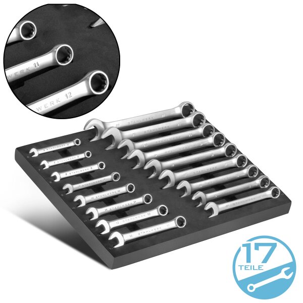 STAHLWERK Nøglesæt med 17 dele og skumindsats | Til værkstedsvogne | Kombinations- og gaffelnøglesæt | Alle standardstørrelser | Praktisk indsats til værktøjsvogne