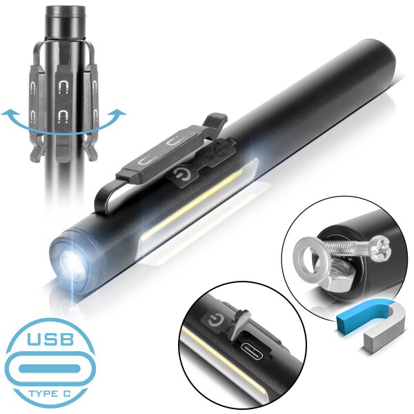 STAHLWERK LED work light - Powerful flashlight with COB flashlight | Workshop lamp with magnetic holder | USB-C connection | 600 mAh battery | Quick-charging | Universally applicable LED lamp