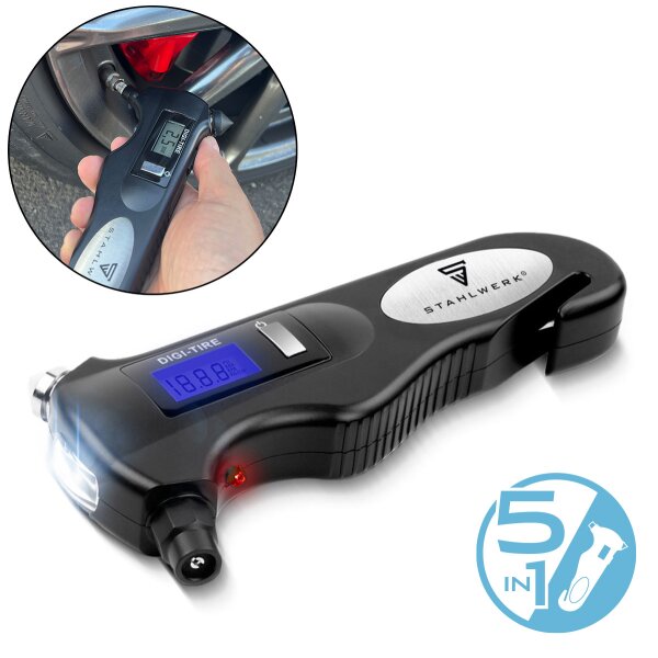 STAHLWERK 5-in-1 rengaspaineen mittari LED-valolla | digitaalinen ilmanpainemittari | hihnaleikkuri | hätävasara | työvalo | monitoiminen ilmanpainemittari autoihin, polkupyöriin, autoihin