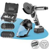 STAHLWERK Kit de ponçage 20 volts Brushless Meuleuse dangle sans fil AWS-20 ST | 0 - 7500 tr/min | Batterie 4 Ah | Coffret et chargeur inclus | 10 disques à poncer et à ébarber ? 125 mm | Casque de