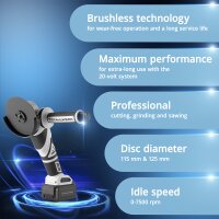 STAHLWERK Grinding set 20 volt brushless cordless angle grinder AWS-20 ST | 0 - 7500 rpm | 4 Ah battery | Incl. case and charger | 10 grinding and sanding discs ? 125 mm | PPE grinding helmet XL visor