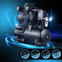 STAHLWERK ST-110 Pro compressore completamente equipaggiato | 10 bar | 2,1 hp | 1,6 kW | 210 l/min | serbatoio da 10 l | compressore whisper oil-free | motore brushless | tubo da 5 metri | gonfiatore