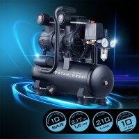 STAHLWERK Compresor ST-110 Pro totalmente equipado | 10 bar | 2,1 CV | 1,6 kW | 210 l/min | Depósito de 10 l | Compresor Whisper sin aceite | Motor sin escobillas | Manguera de 5 metros | Inflador de