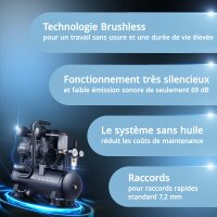 STAHLWERK Compresseur ST-110 Pro équipement complet | 10 bar | 2,1 CV | 1,6 kW | 210 l/min | Réservoir 10 l | Compresseur silencieux sans huile | Moteur Brushless | 5 mètres de tuyau | Gonfleur de