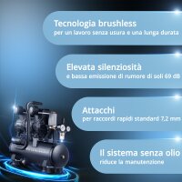 STAHLWERK ST-110 Pro compressore completamente equipaggiato | 10 bar | 2,1 hp | 1,6 kW | 210 l/min | serbatoio da 10 l | compressore whisper oil-free | motore brushless | tubo da 5 metri | gonfiatore