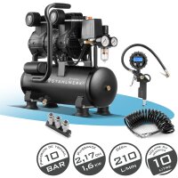 STAHLWERK Compresseur ST-110 Pro équipement complet | 10 bar | 2,1 CV | 1,6 kW | 210 l/min | Réservoir 10 l | Compresseur silencieux sans huile | Moteur Brushless | 5 mètres de tuyau | Gonfleur de