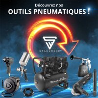 Compresseur STAHLWERK ST-110 Pro équipement complet | 8 bar | 1,97 CV | 1,45 kW | 250 l/min | Réservoir 10 l Compresseur dair sans huile | Moteur Brushless | 5 mètres de tuyau | Gonfleur de pneus | Distributeur à 3 voies