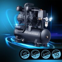 STAHLWERK ST-110 Pro volledig uitgeruste compressor | 10 bar | 2,1 pk | 1,6 kW | 210 l/min | 10 l tank | olievrije fluistercompressor | borstelloze motor | 5 meter slang | bandenopblazer | 3-weg