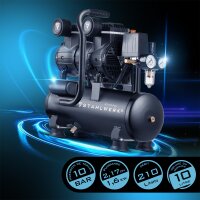 STAHLWERK Compresseur ST-110 Pro équipement complet | 10 bar | 2,1 CV | 1,6 kW | 210 l/min | Réservoir 10 l | Compresseur silencieux sans huile | Moteur Brushless | 5 mètres de tuyau | Gonfleur de