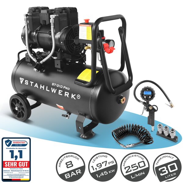 STAHLWERK Kompressor ST-310 Pro Vollausstattung | 8 bar | 1,97 PS | 1,45 kW | 250 l/min | 30 Liter Tank | Ölfreier Flüster-Kompressor | Brushless-Motor | 5 Meter Schlauch | Reifenfüller | 3-fach Verteiler