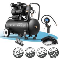 STAHLWERK ST-310 Pro volledig uitgeruste compressor | 10 bar | 2,1 pk | 1,6 kW | 210 l/min | 30 l tank | olievrije fluistercompressor | borstelloze motor | 5 meter slang | bandenopblazer | 3-weg