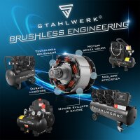 STAHLWERK Compressore ST-310 Pro Dotazione completa | 10 bar | 1,97 PS | 1,45 kW | 250 l/min | Serbatoio da 30 l | Senza olio | Motore brushless | Tubo flessibile da 5 metri | Gonfiatore per pneumatici | 3-via | Pistola di scarico