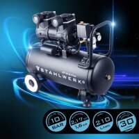STAHLWERK Compresseur ST-310 Pro équipement complet | 10 bar | 2,1 CV | 1,6 kW | 210 l/min | Réservoir 30 l | Compresseur silencieux sans huile | Moteur Brushless | 5 mètres de tuyau | Remplisseur de