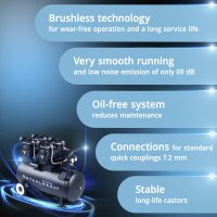STAHLWERK Kompressor ST-510 Pro Fuldt udstyret | 10 bar | 4,34 hk | 3,2 kW | 420 l/min | 50 liters tank | Oliefri, støjsvag kompressor | Børsteløs motor | 5 meter slange | Dækpumpe | 3-vejs fordeler