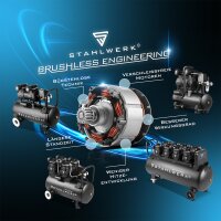 STAHLWERK Kompressor ST-510 Pro Vollausstattung | 10 bar | 4,34 PS | 3,2 kW | 420 l/min | 50 Liter Tank | Ölfreier Flüster-Kompressor | Brushless-Motor | 5 Meter Schlauch | Reifenfüller | 3-fach Verteiler