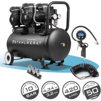 STAHLWERK Kompressor ST-510 Pro Fuldt udstyret | 10 bar | 4,34 hk | 3,2 kW | 420 l/min | 50 liters tank | Oliefri, støjsvag kompressor | Børsteløs motor | 5 meter slange | Dækpumpe | 3-vejs fordeler