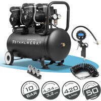 STAHLWERK Compressore ST-510 Pro completamente equipaggiato | 10 bar | 4,34 CV | 3,2 kW | 420 l/min | serbatoio da 50 litri | compressore whisper oil-free | motore brushless | tubo da 5 metri |
