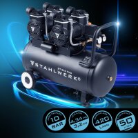 STAHLWERK Kompressor ST-510 Pro Vollausstattung | 10 bar | 4,34 PS | 3,2 kW | 420 l/min | 50 Liter Tank | Ölfreier Flüster-Kompressor | Brushless-Motor | 5 Meter Schlauch | Reifenfüller | 3-fach Verteiler