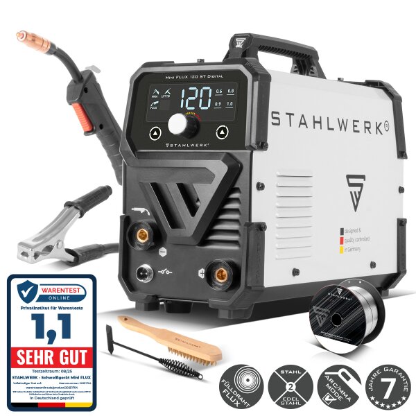 STAHLWERK Schweißgerät Mini FLUX 120 ST Digital | 120 Ampere | Synergischer Drahtvorschub | Lift-TIG geeignet | Fülldrahtschweißen | ARC/MMA Funktion zum einfachen Schweißen ohne Schutzgas mit Fülldraht