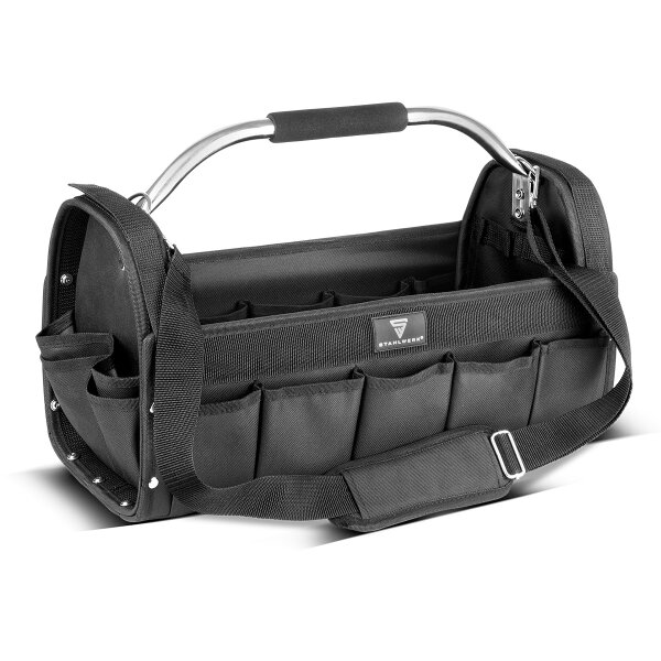 STAHLWERK Werkzeugtasche | 18 Außen- und 10 Innentaschen | Robuste Installateur-Tasche | Tragbarer Werkzeugkoffer | Montagetasche mit Tragegriff und Schultergurt | Strapazierfähiges Polyester-Gewebe
