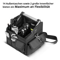 STAHLWERK Werkzeugtasche mit 14 Außentaschen | 2 Innenfächer | Robuste Elektriker-Tasche | Tragbare Montagetasche mit verstärktem Rahmen | Aluminium-Tragegriff und Gurt | Strapazierfähiges Polyester